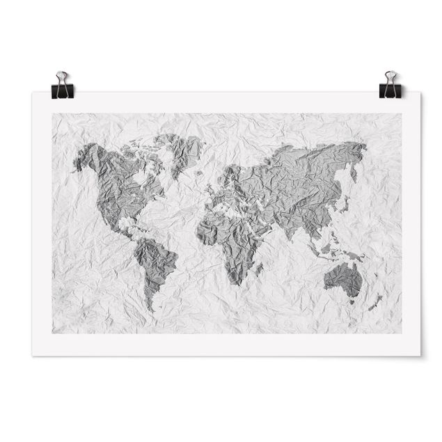 Posters Paper World Map White Grey