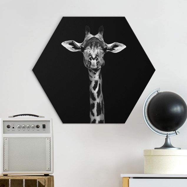 Hexagons Aluminium Dibond schilderijen Dark Giraffe Portrait