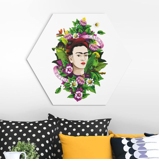 Hexagons Aluminium Dibond schilderijen Frida Kahlo - Frida, Monkey And Parrot