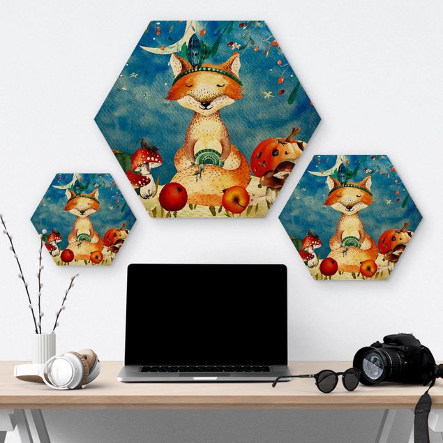 Hexagons houten schilderijen Watercolor Fox In The Moonlight
