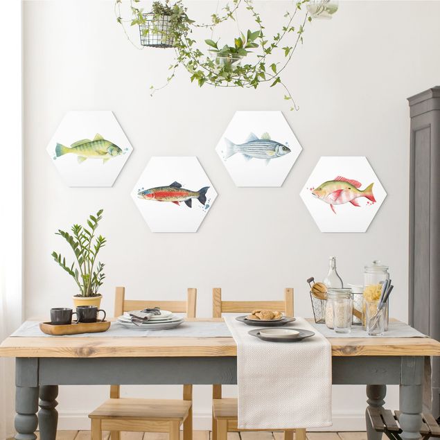 Hexagons Forex schilderijen - 4-delig Ink Trap - Fish Set I