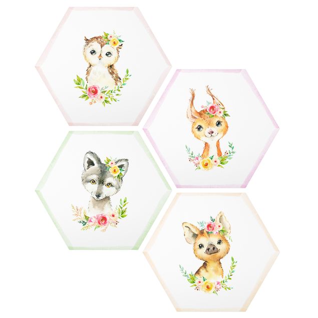 Hexagons Forex schilderijen - 4-delig Watercolour Forest Animals With Flowers Set IV