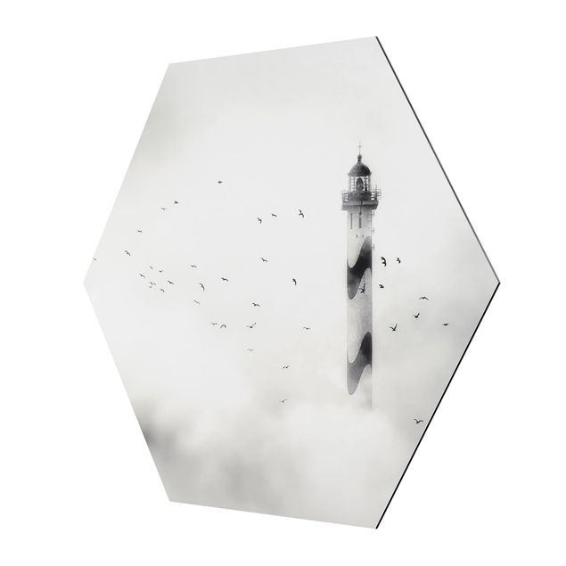 Hexagons Aluminium Dibond schilderijen Lighthouse In The Fog