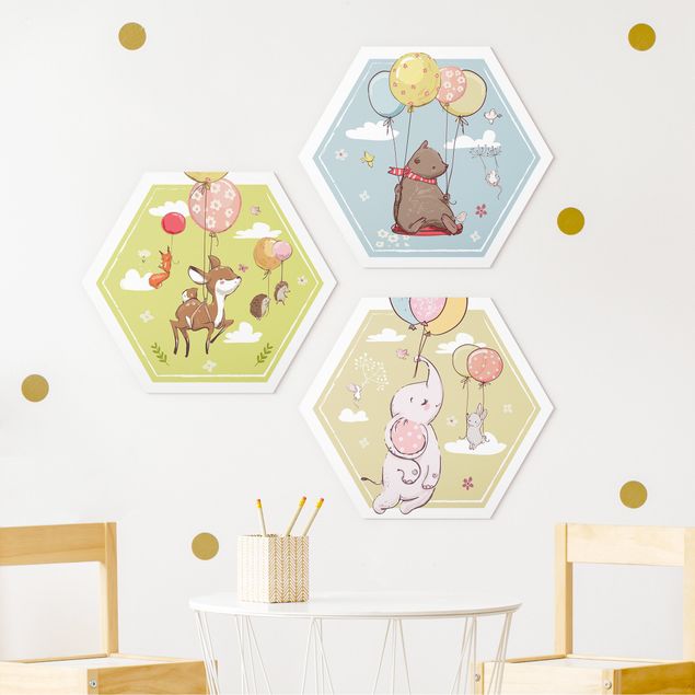 Hexagons Forex schilderijen - 3-delig Flying Elephant Bear Deer