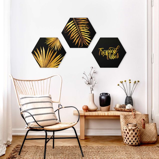 Hexagons Aluminium Dibond schilderijen - 3-delig Gold - Tropical Vibes On Black Set I