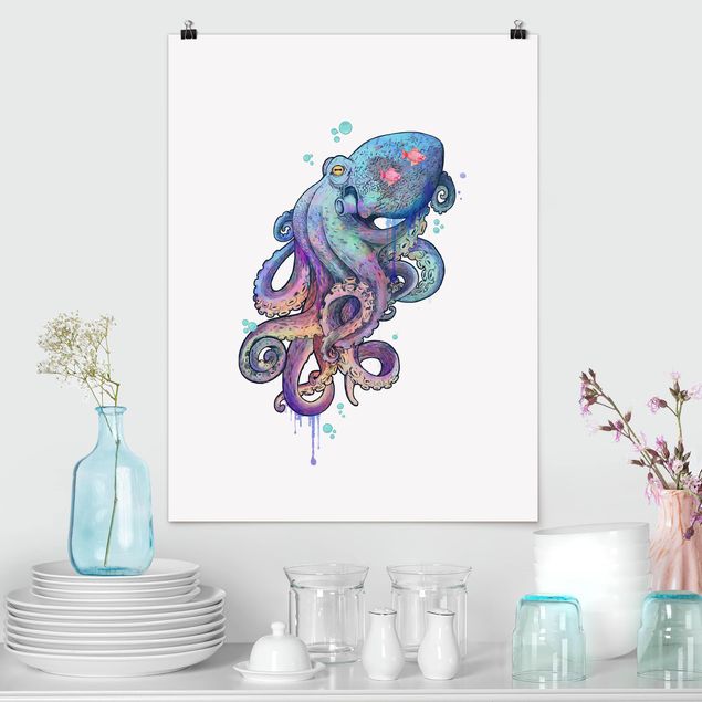 Posters Illustration Octopus Violet Turquoise Painting