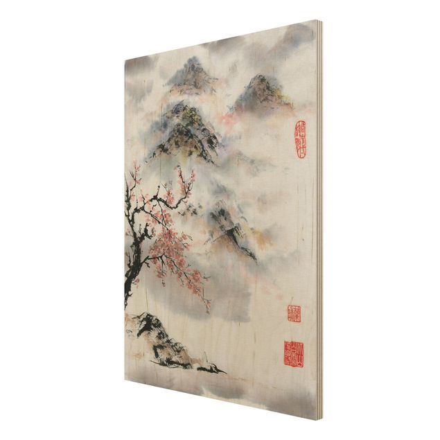 Houten schilderijen Japanese Watercolour Drawing Cherry Tree And Mountains