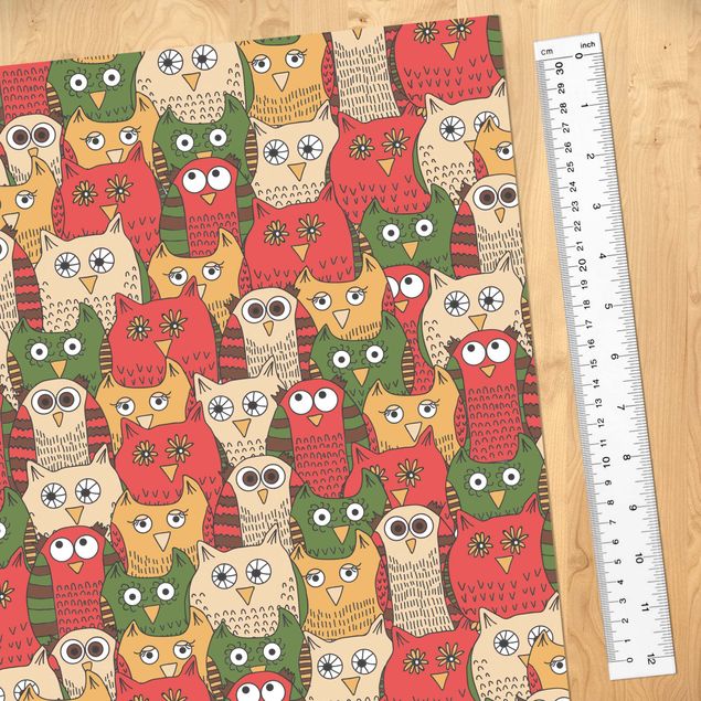 Meubelfolien Pattern With Funny Owls Red
