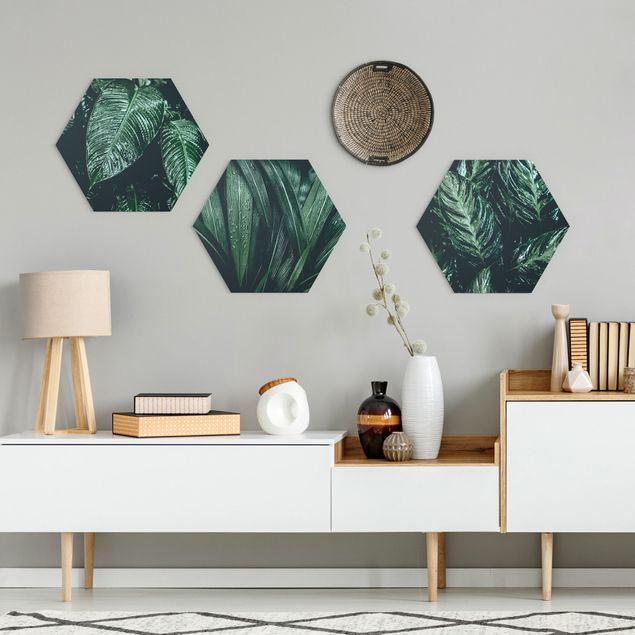 Hexagons Aluminium Dibond schilderijen - 3-delig Leaves In The Rain