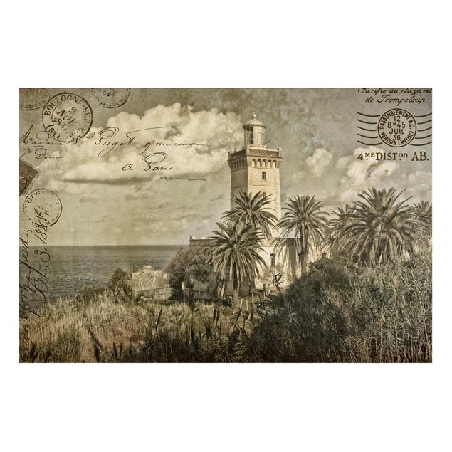 Magneetborden Vintage Postcard With Lighthouse And Palm Trees