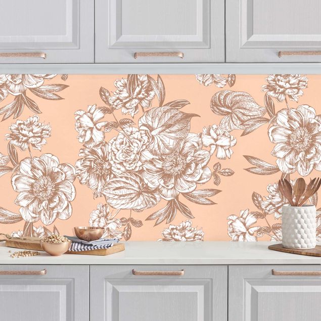 Achterwand voor keuken patroon Copper Engraving Flower Bouquet