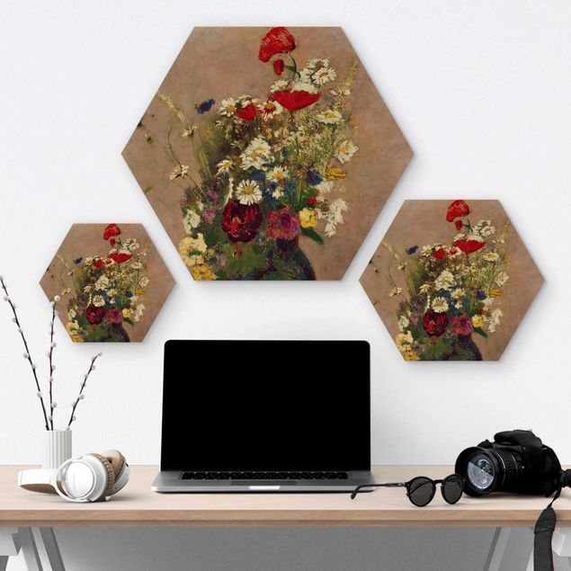 Hexagons houten schilderijen Odilon Redon - Flower Vase with Poppies