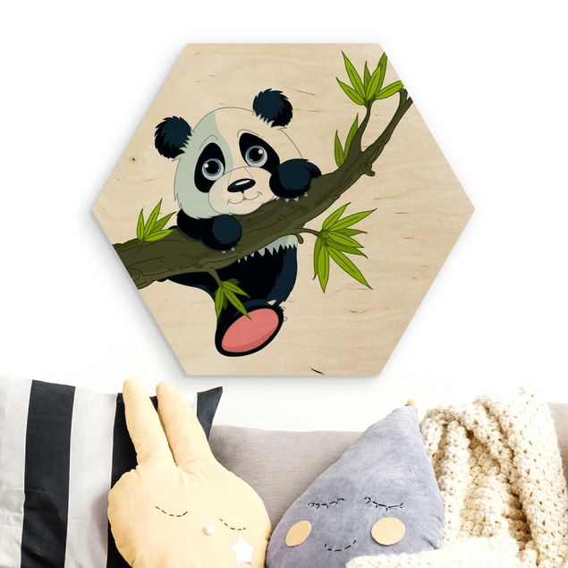 Hexagons houten schilderijen Climbing Panda