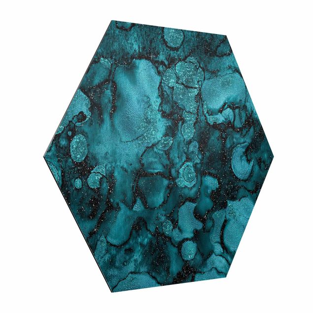 Hexagons Aluminium Dibond schilderijen Turquoise Drop With Glitter