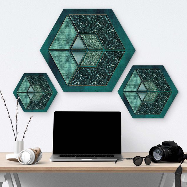 Hexagons houten schilderijen Blue Hexagon With Gold Outline