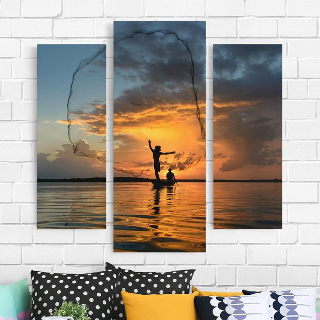 Canvas schilderijen - 3-delig Fishing Net At Sunset