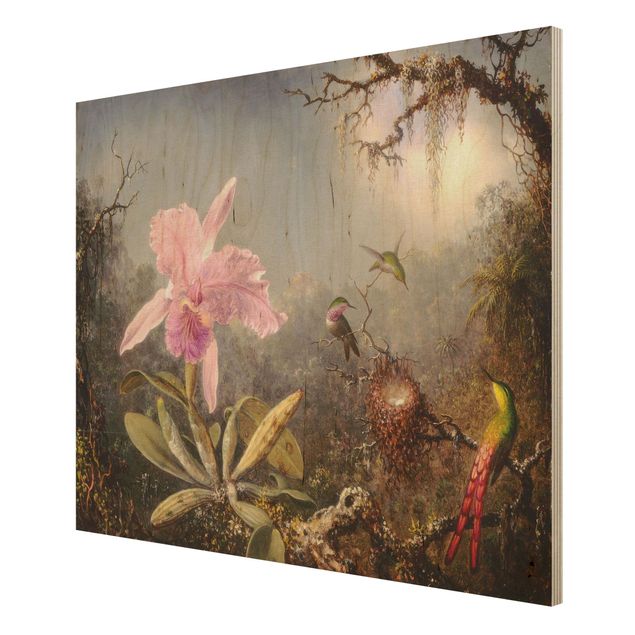 Houten schilderijen Martin Johnson Heade - Orchid And Three Hummingbirds