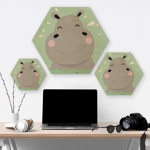 Hexagons houten schilderijen The Happiest Hippo