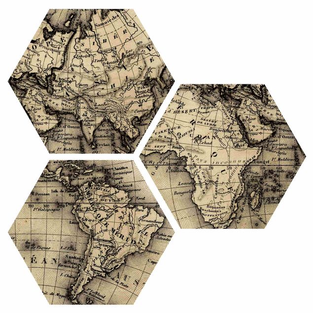 Hexagons houten schilderijen - 3-delig Old World Map Details
