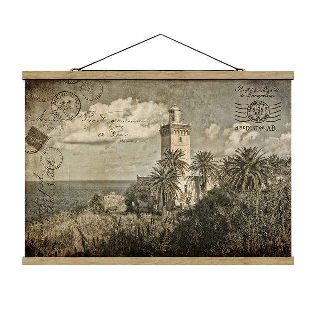 Stoffen schilderij met posterlijst Vintage Postcard With Lighthouse And Palm Trees