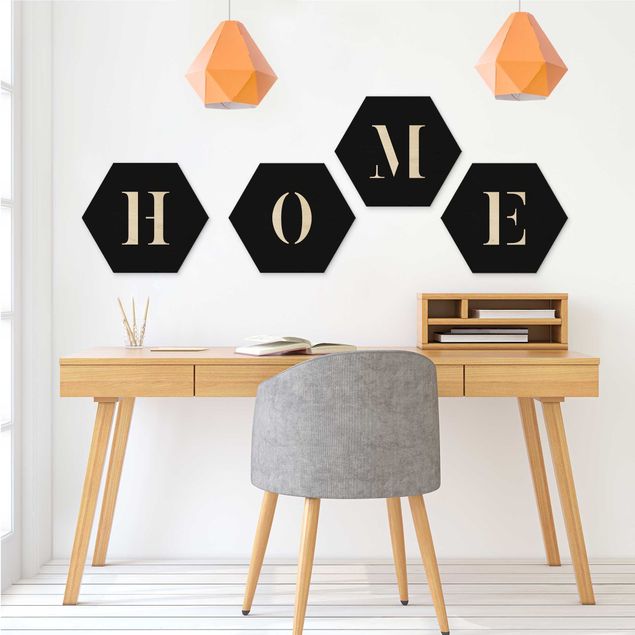 Hexagons houten schilderijen - 4-delig Letters HOME White Set II