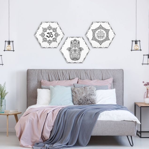Hexagons Aluminium Dibond schilderijen - 3-delig Hamsa Hand Lotus OM Illustration Set Black And White