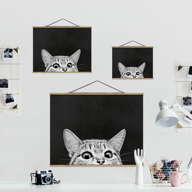 Stoffen schilderij met posterlijst Illustration Cat Black And White Drawing