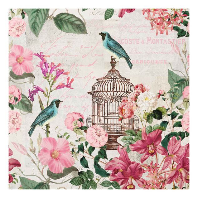 Forex schilderijen Shabby Chic Collage - Pink Flowers And Blue Birds