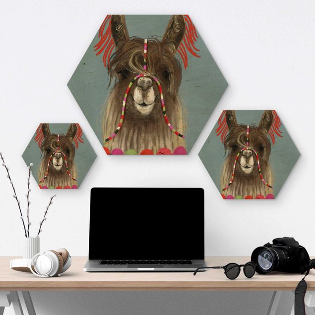 Hexagons houten schilderijen Lama With Jewelry I