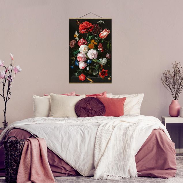 Stoffen schilderij met posterlijst Jan Davidsz De Heem - Still Life With Flowers In A Glass Vase
