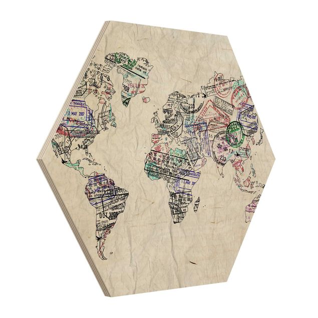 Hexagons houten schilderijen Passport Stamp World Map