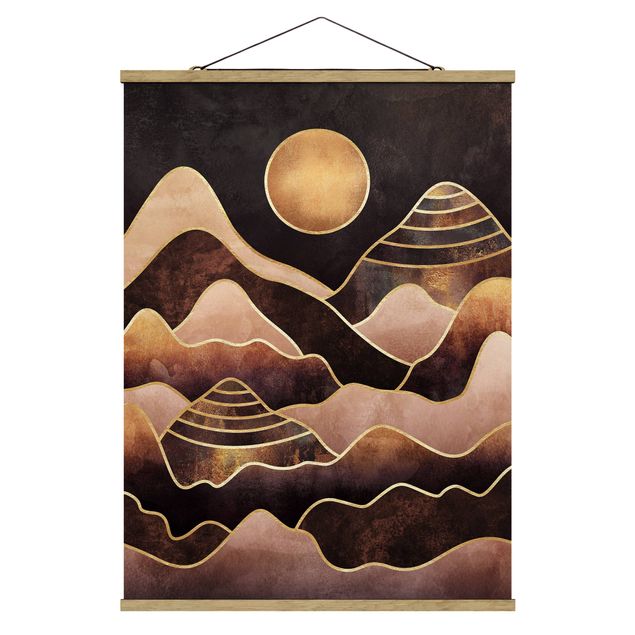 Stoffen schilderij met posterlijst Golden Sun Abstract Mountains