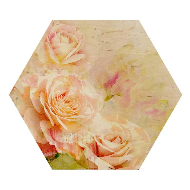 Hexagons houten schilderijen Watercolour Rose Composition