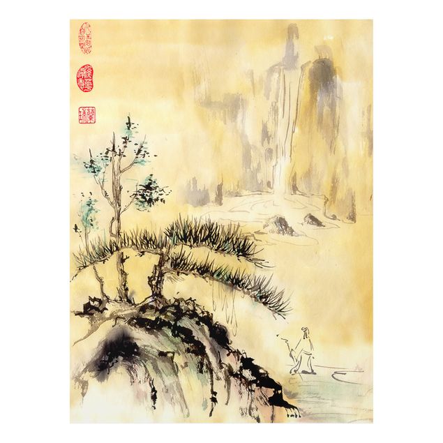 Forex schilderijen Japanese Watercolour Drawing Cedars And Mountains