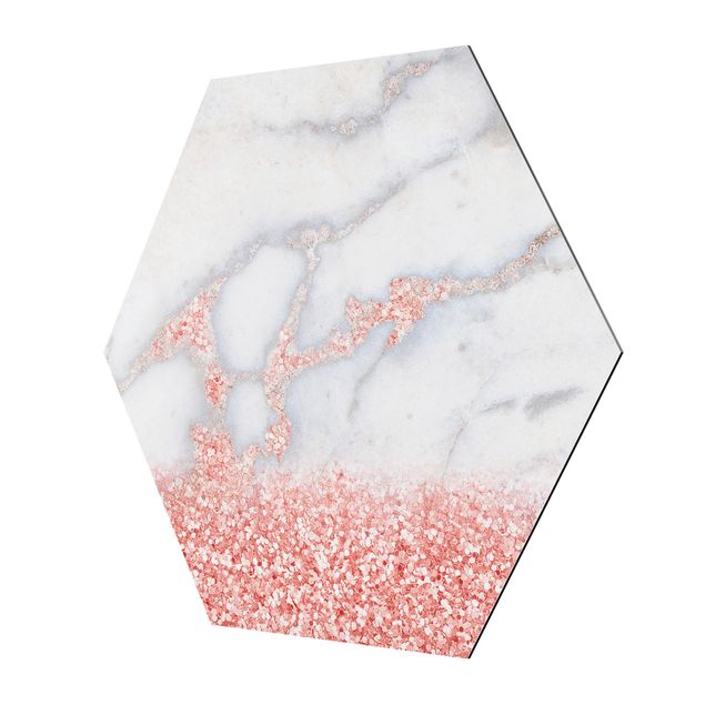 Hexagons Aluminium Dibond schilderijen Marble Look With Pink Confetti