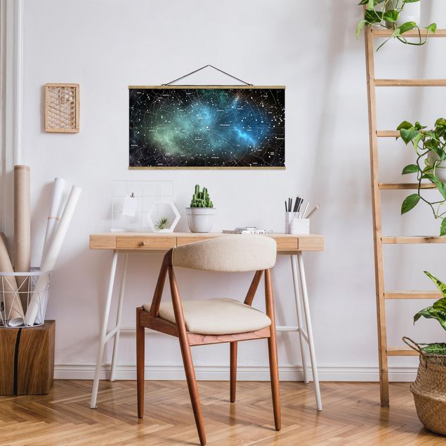 Stoffen schilderij met posterlijst Stellar Constellation Map Galactic Nebula