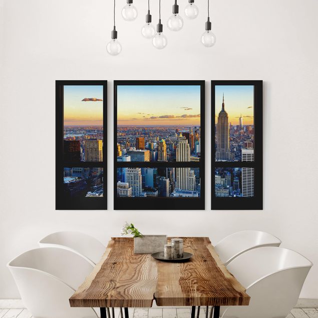 Canvas schilderijen - 3-delig Window view - Sunrise New York