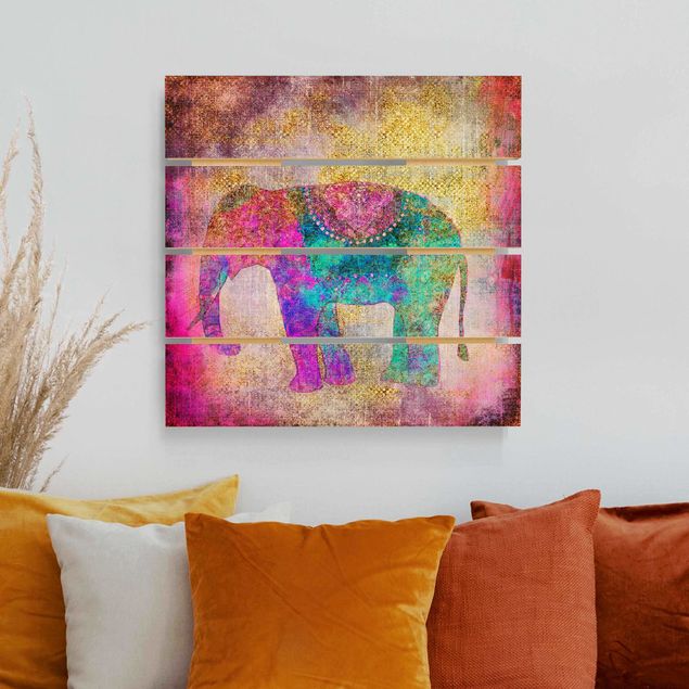 Houten schilderijen op plank Colourful Collage - Indian Elephant