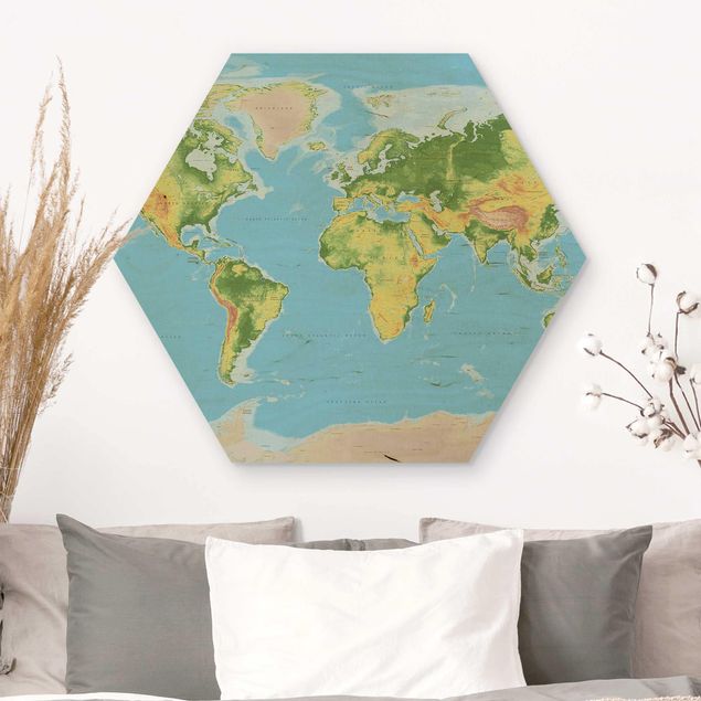 Hexagons houten schilderijen Physical World Map