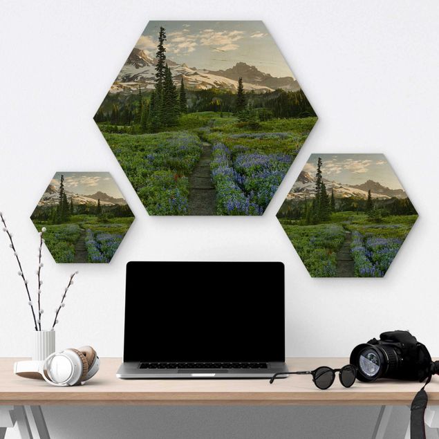 Hexagons houten schilderijen Mountain View Meadow Path