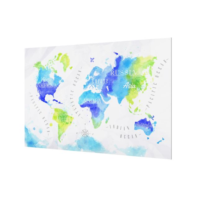 Spatscherm keuken World Map Watercolor Blue Green