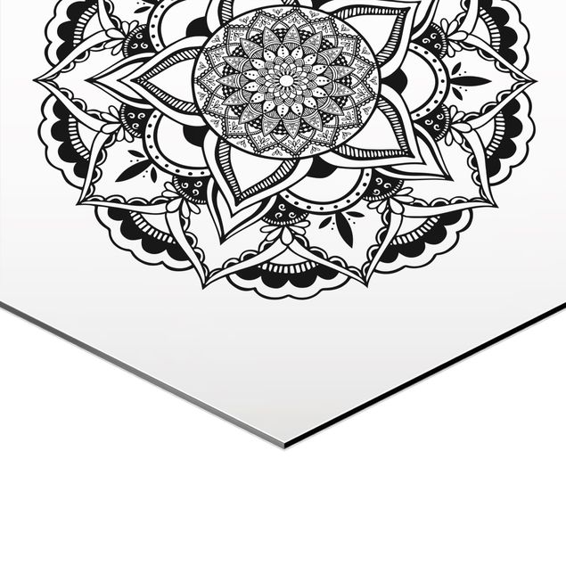 Hexagons Aluminium Dibond schilderijen - 3-delig Mandala Flower Sun Illustration Set Black And White
