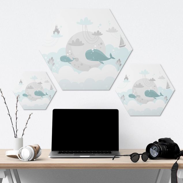 Hexagons Aluminium Dibond schilderijen Clouds With Whale And Castle