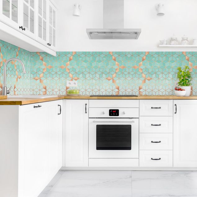 Achterwand voor keuken abstract Turquoise White Golden Geometry II