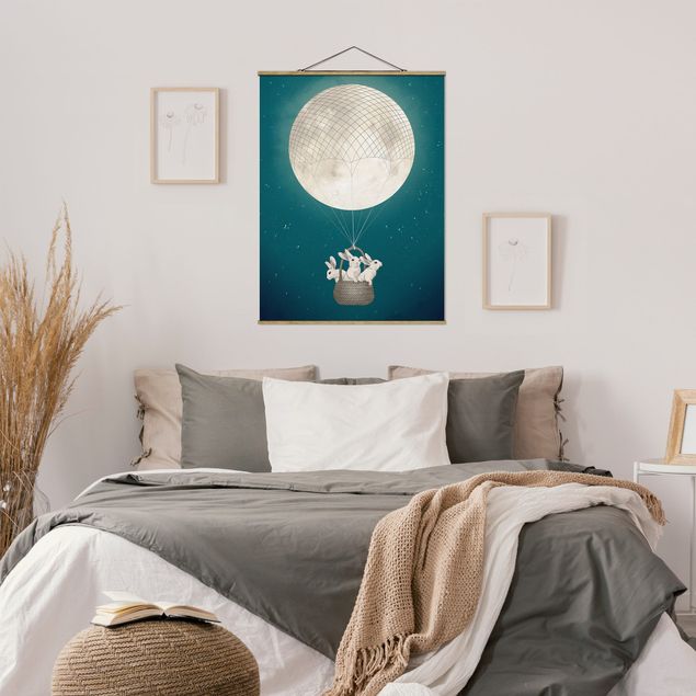 Stoffen schilderij met posterlijst Illustration Rabbits Moon As Hot-Air Balloon Starry Sky