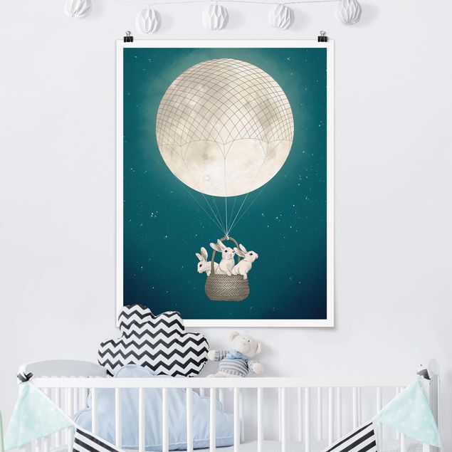 Posters Illustration Rabbits Moon As Hot-Air Balloon Starry Sky