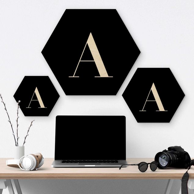 Hexagons houten schilderijen Letter Serif Black A