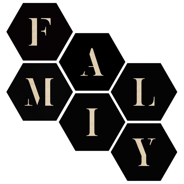 Hexagons houten schilderijen - 6-delig Letters FAMILY White Set II