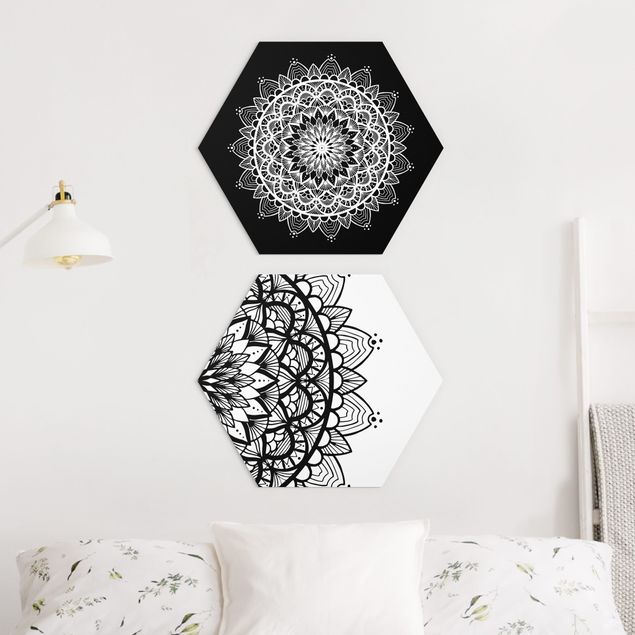 Hexagons Aluminium Dibond schilderijen - 2-delig Mandala Illustration Shabby Set Black White