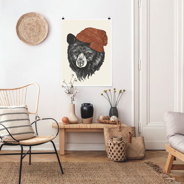 Posters Illustration Bear With Red Cap Drawing